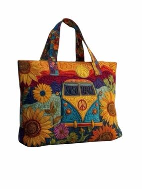Bohemian Colorful Floral Quilted Tote Bag With Vintage Retro Hippie Van New
